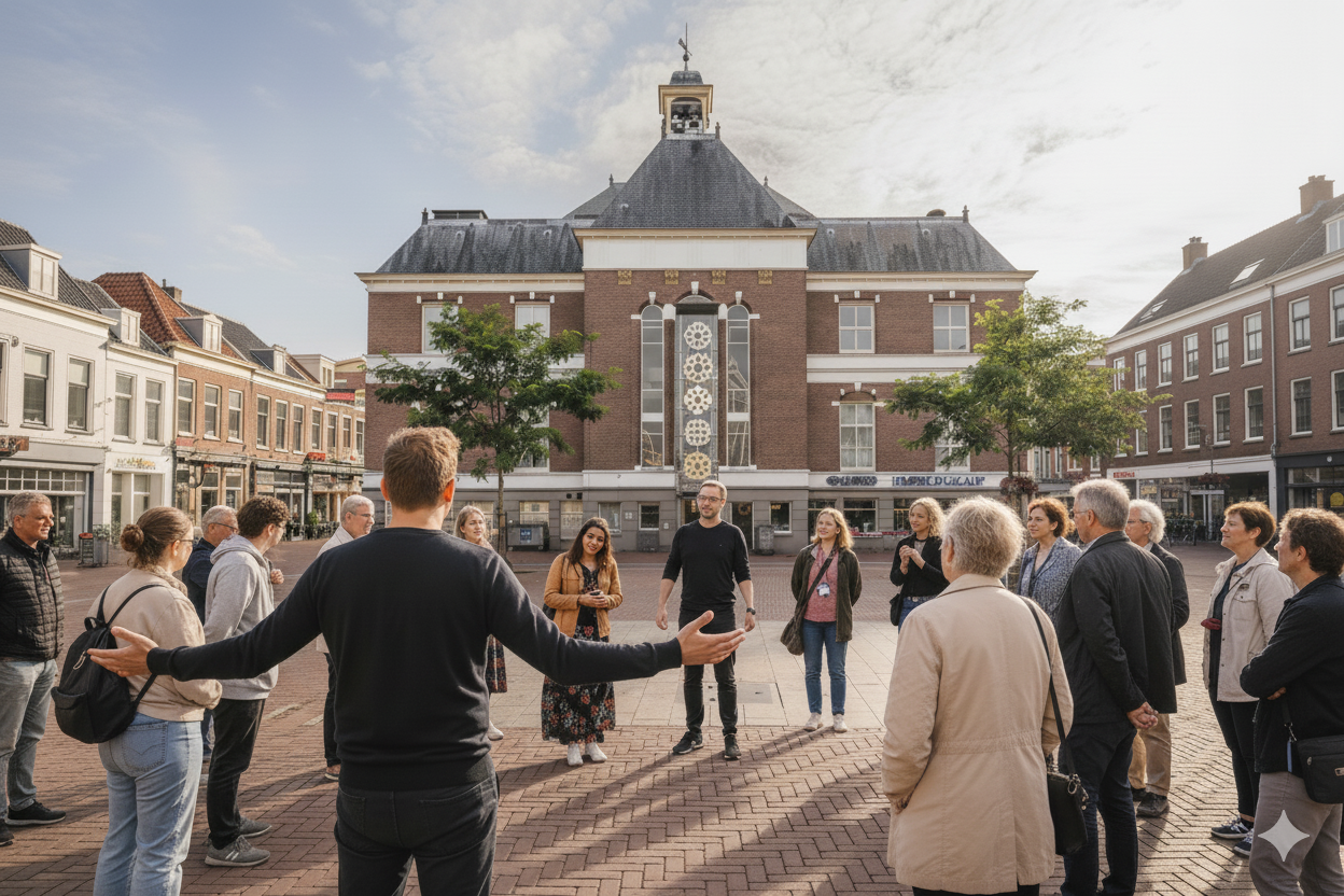 Mensen vormen een cirkel voor het historische raadhuis van Apeldoorn